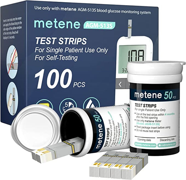Metene AGM-513S Test Strips for Diabetes, 100 Count Blood Glucose Test Strips, Use with metene AGM-513S Only